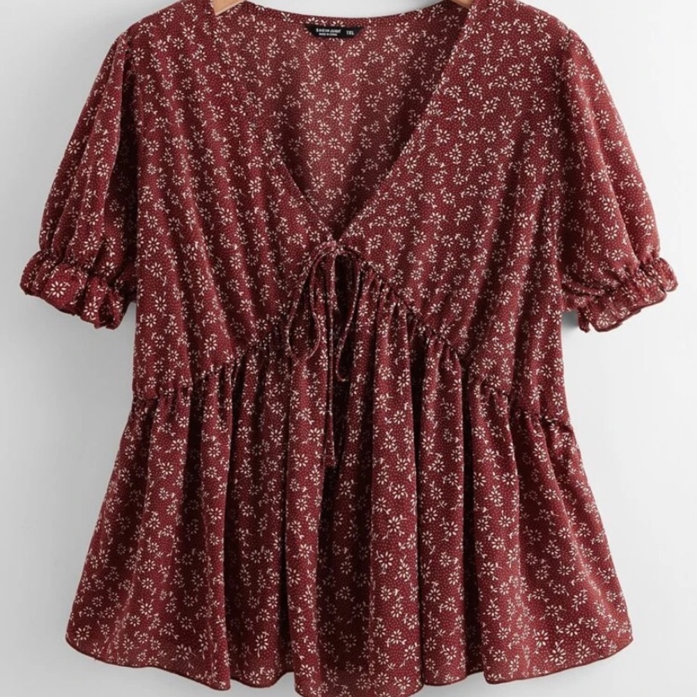 Shein Curve Ditsy Floral Knot Front Babydoll Blouse size 2XL